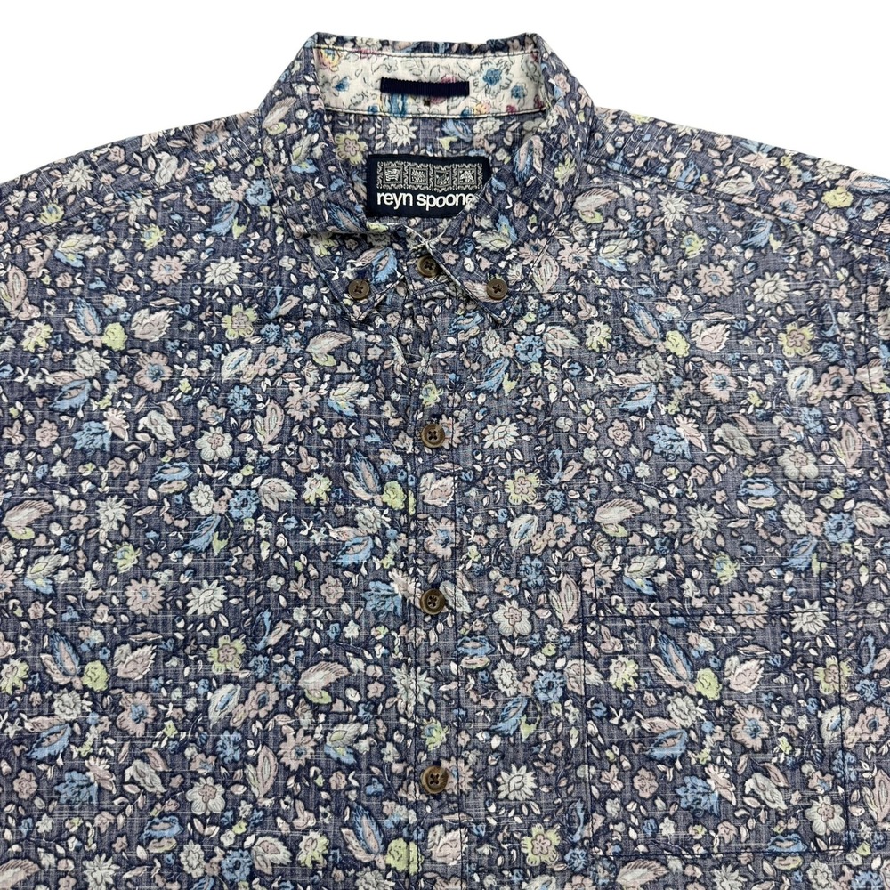 Reyn Spooner Shirt Mens M Blue Short Sleeve Button Up Floral Cotton Hawaiian